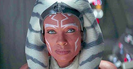 Ahsoka Tano (Rosario Dawson) listens to Grand Admiral Thrawn's (Lars Mikkelsen) final taunt in Ahsoka Season 1 Episode 8 "Part Eight: The Jedi, the Witch, and the Warlord" (2023), Disney