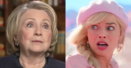 Hillary Clinton warns Christiane Amanpour about the dangers of Donald Trump (2023), CNN / Barbie (Margot Robbie) is surprised to find Ken (Ryan Gosling) was stowing away in her car in Barbie (2023), Warner Bros. Pictures