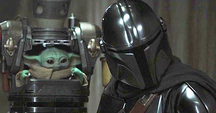 Din Djarin (Pedro Pascal) and Grogu prepare to raid Moff Gideon's (Giancarlo Esposito) base in The Mandalorian Season 3 Episode 8 "Chapter 24: The Return" (2023), Disney