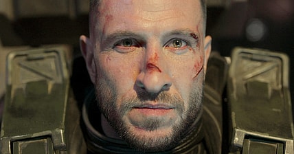 Master Chief (Pablo Schreiber) pilots a Pelican into the atmosphere of Raas Kkhotshka in Halo Season1 Episode 9 "Transcendence" (2022), Paramount Plus