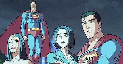 Wonder Woman (Stana Katic), the Superman of Earth-2 (Darren Criss), Lois Lane (Alexandra Daddario) and Superman (Darren Criss) hold their breaths as they wait to see if The Monitor's (Jonathan Adams) plan was successful in Justice League: Crisis on Infinite Earths - Part One (2024), Warner Bros. Animation