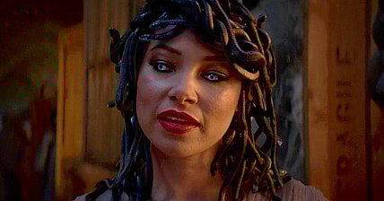 Medusa (Jessica Parker Kennedy) unveils her signature hairstyle in Percy Jackson and The Olympians Season 1 Episode 3 "We Visit the Garden Gnome Emporium" (2023), Disney Plus