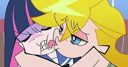 Panty (Arisa Ogasawara) playfully annoys Stocking (Mariya Ise) in Panty & Stocking with Garterbelt Season 1 Episode 2 "The Turmoil of the Beehive / Sex and the Daten City" (2010), Gainax