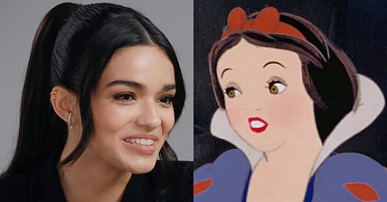 Rachel Zegler speaks with fellow Disney star Halle Bailey as part of Variety's 'Actors on Actors' interview series (2023), Variety / Snow White (Adriana Caselotti) recounts her story to her new hosts in Snow White and the Seven Dwarfs (1937), Disney