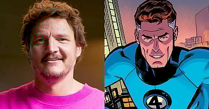 Pedro Pascal takes a lie detector test for Vanity Fair (2023) / Mr. Fantastic stretches out on Chris Samnee's variant cover to Fantastic Four Vol. 1 #643 "Back in Blue: Part 3" (2015), Marvel Comics