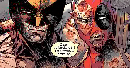 Deadpool has an apology for Wolverine in Wolverine Vol. 7 #23 "Old Haunts" (2022), Marvel Comics. Words by Benjamin Percy, art by Adam Kubert, Frank Martin, and Cory Petit.