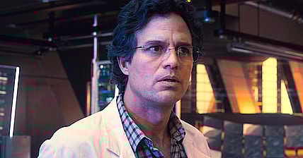 Bruce Banner (Mark Ruffalo) and Tony Stark (Robert Downey Jr.) discuss using Loki's Scepter to create Ultron (James Spader) in Avengers: Age of Ultron (2015), Marvel Entertainment