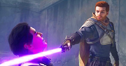 Cal Kestis (Cameron Monaghan) bests Bode (Noshir Dalal) in a lightsaber duel in Star Wars Jedi: Survivor (2023), Respawn