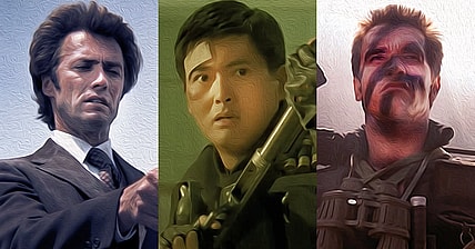 Split image of Dirty Harry, Hard Boiled and Commando