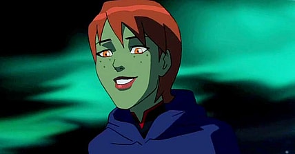 Miss Martian (Danica McKellar) gives a playful chase to Beast Boy (Logan Grove) in Young Justice Season 2 Episode 2 "Earthlings" (2012), Warner Bros. Animation