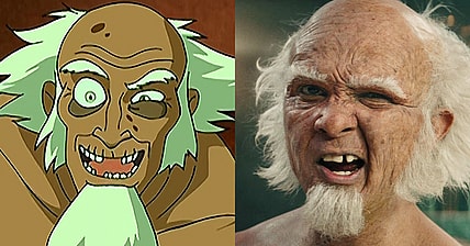 King Bumi (Andre Sogiluzzo) taunts Aang Aang (Zach Tyler Eisen) in Avatar: The Last Airbender Season 1 Episode 5 "The King of Omashu" (2005), Nickelodeon / King Bumi (Utkarsh Ambudkar) taunts Aang (Gordon Comier) in Avatar: The Last Airbender Season 1 Episode 4 "Into the Dark" (2024), Netflix