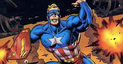 Super Soldier storms the battlefield in Super Soldier Vol. 1 #1 "Secret of the K-Bombs!" (1996), DC/Marvel Comics. Words by Mark Waid and Dave Gibbons, art by Dave Gibbons and Angus McKie.