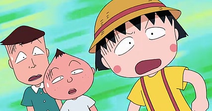 Momoko (Tarako), Shigeru (Tomoko Naka), and Kimio (Chafurin) are shocked by a new neighbor's boldness in Chibi Maruko-chan Episode 972 "A Wild Boy of the Neighbor Town/Mom's Treasure" (2021), Nippon Animation