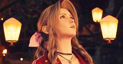Aerith (Maaya Sakamoto) finds herself at the center of a huge sky lantern display in Final Fantasy VII Rebirth (2023), Square Enix