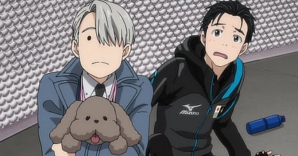 Yuuri Katsuki (Toshiyuki Toyonaga) and Victor Nikiforov (Junichi Suwabe) find themselves in a pickle in Yuri on Ice Episode 11 "Gotta Super -Supercharge It!! Grand Prix Final Short Program" (2016), MAPPA