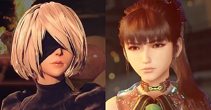 2B (Yui Ishikawa) stumbles upon a bizarre robo-religious-ritual in NieR: Automata (201), PlatinumGames / Eve (TBA) receives some battlefield reassurance from Tachy (TBA) in Stellar Blade (2024), Shift Up