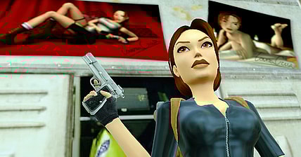 Lara Croft stands before her own pin-ups in the original release of Tomb Raider III: The Lost Artefact Remastered (2024), Crystal Dynamics