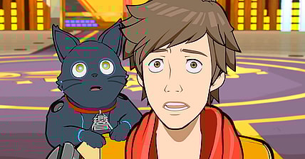 Chai (Robbie Draymond) and 808 find themselves taken aback by Roquefort's (David Fane) true form in Hi-Fi Rush (2023), Tango Gameworks