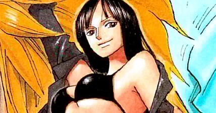 Robin tames a lion on Eiichiro Oda's color spread to One Piece Chapter 431 "Fist of Love" (2006), Shueisha