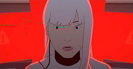 Jun (Geneviève Doang/Jenapher Zheng) hacks the robot in Mars Express (2023), GKIDS Films