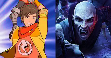 Chai (Robbie Draymond) delivers a crushing blow in Hi-Fi Rush (2023), Tango Gameworks / A vampire screams in horror as he realizes he's stuck in Redfall (2023), Arkane Austin