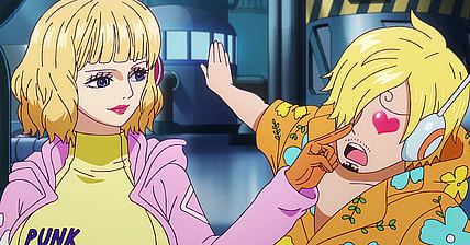 Stussy (Mami Kingetsu) enjoys Sanji's (Hiroaki Hirata) puppy-dog eyes in One Piece Episode 1107 "A Shudder! The Evil Hand Creeping Up on the Laboratory" (2024), Toei Co. Ltd.