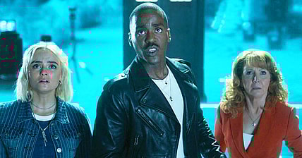 Ruby (Millie Gibson), The Doctor (Ncuti Gatwa), and Mel (Bonnie Langford) prepare to confront Sutkeh (Gabriel Woolf) in Doctor Who Series 14 Episode 8 “Empire of Death” (2024), BBC