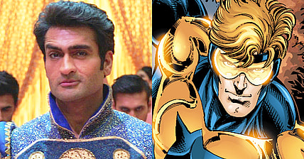 Kingo (Kumail Nanjiani) prepares to bust a move in Eternals (2021), Marvel Entertainment / Booster Gold makes a break for his Time Sphere in Booster Gold Vol. 2 #15 "Reality Lost, Part One" (2009), DC. Words by Dan Jurgens, art by Dan Jurgens, Norm Rapmund, Hi-Fi Design, and Sal Cipriano.