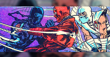 Snake Eyes takes on a Red Ninja and Storm Shadow in G.I. Joe: A Real American Hero Vol. 1 #21 "Silent Interlude" (1983), Marvel Comics. Words by Larry Hama, art by Larry Hama, Steve Leialoha, George Roussos, and Rick Parker.