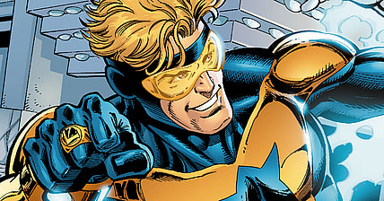 Booster Gold takes on the Royal Flush Gang in Booster Gold Vol. 2 #1 "52 Pick-Up (Part I) - Secret Origins" (2007), DC. Words by Geoff Johns and Jeff Katz, are by Dan Jurgens, Norm Rapmund, Hi-Fi Design, and Rob Leigh.