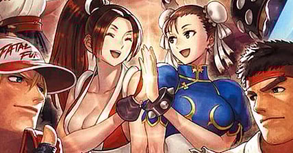 Mai Shiranu and Chun-Li share a high-five in Eisuke Ogura's key art for SNK Vs. Capcom: SVC Chaos (2024), SNK/Capcom