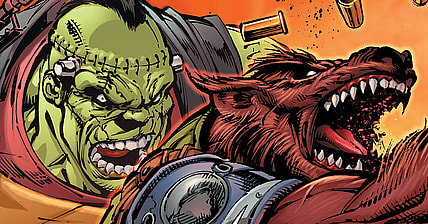 Creature Commando agents Frankenstein and Warren Griffith rain down hell in Justice League United Vol. 1 #14 "War Zone 2: Weird War" (2016), DC. Words by Jeff Parker, art by Paul Pelletier, Rob Hunter, Jeromy Cox, and Steve Wands.