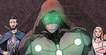 Victor von Doom assembles Earth's Mightiest Heroes in Infamous Iron Man Vol. 1 #12 (2017), Marvel Comics. Words by Brian Michael Bendis, art by Alex Maleev, Matt Hollingsworth, and Clayton Cowles.