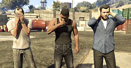 Trevor (Steven Ogg), Franklin (Shawn Fonteno) and Michael (Ned Luke) are shocked to learn that the US Government is corrupt in Grand Theft Auto V (2013), Rockstar Games