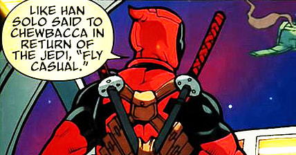 Deadpool offers some flying advice in Deadpool: Merc with a Mouth Vol 1 #5 "Head Trip, Part 5" (2009), Marvel Comics. Words by Victor Gischler, art by Bong Dazo, Jose Pimentel, Matt Milla, and Jeff Eckleberry.
