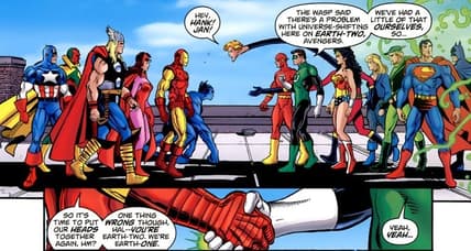 The eponymous teams bury the hatchet and agree to work together in JLA/Avengers (2003) by Kurt Busiek and George Perez, Marvel/DC