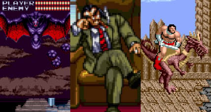 Split image of hacked roms for Castlevania: Bloodlines, Streets of Rage 2, and Golden Axe on Sega Genesis