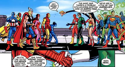 JLA and Avengers bury the hatchet and agree to work together in JLA/Avengers (2003), Marvel/DC