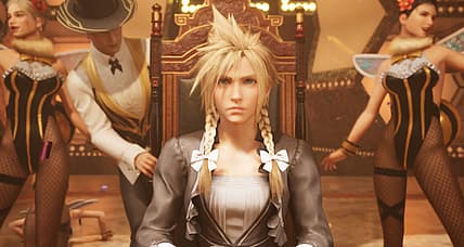 Cloud Strife dressed as a woman after a song and dance in Final Fantasy VII: Remake (2020), Square