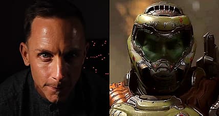 Split image of Mick Gordon and the Doomslayer from DOOM Eternal (2020), id Software