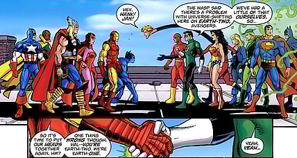The eponymous teams bury the hatchet and agree to work together in JLA/Avengers (2003) by Kurt Busiek and George Perez, Marvel/DC