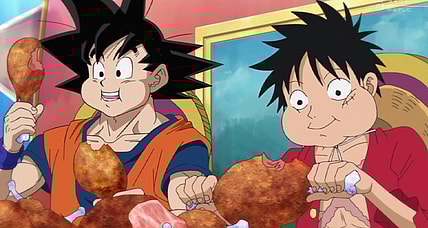 Goku and Luffy chow down in Dream 9 Toriko x One Piece x Dragon Ball Z Super Collaboration Special (2013)