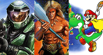 Split image of Halo, Golden Axe and Super Mario World box art