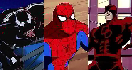 Split image of Venom, Spider-Man and Daredevil from 'Spider-Man: The Animated Series' (1994), Marvel Entertainment Group