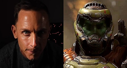 Split image of Mick Gordon and the Doomslayer from DOOM Eternal (2020), id Software