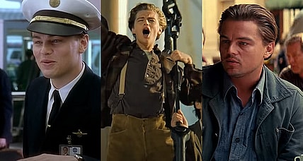 Split image of Leonardo DiCaprio in Catch Me If You Can, Titanic and Inception