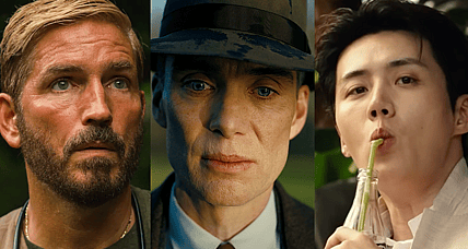 Jim Caviezel as Tim Ballard in Sound of Freedom (2023), Angel Studios / Cillian Murphy as Julius Robert Oppenheimer in Oppenheimer (2023), Universal Pictures / Nobleman (Kim Seon-ho) enjoys a beverage in The Childe (2023), Next Entertainment World