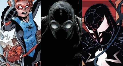 Split image of Spiderling, Spider Man Noir and Spider's Shadow