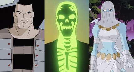Split image of Mad Stan, Blight and Curare from Batman Beyond