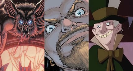 Split image of Man-Bat, Zsasz and the Mad Hatter